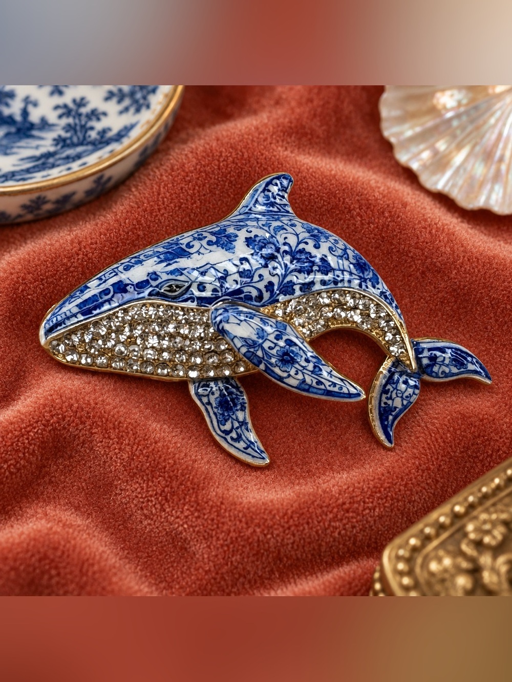 Blue White Chinoiserie Whale Rhinestone Gold Tone Statement Brooch Pin